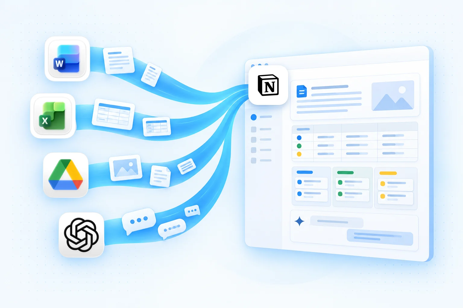 Word、Excel、Googleドライブ、ChatGPTに分かれていた仕事の情報が流れ込み、ひとつのNotionのワークスペースにまとまるイラスト