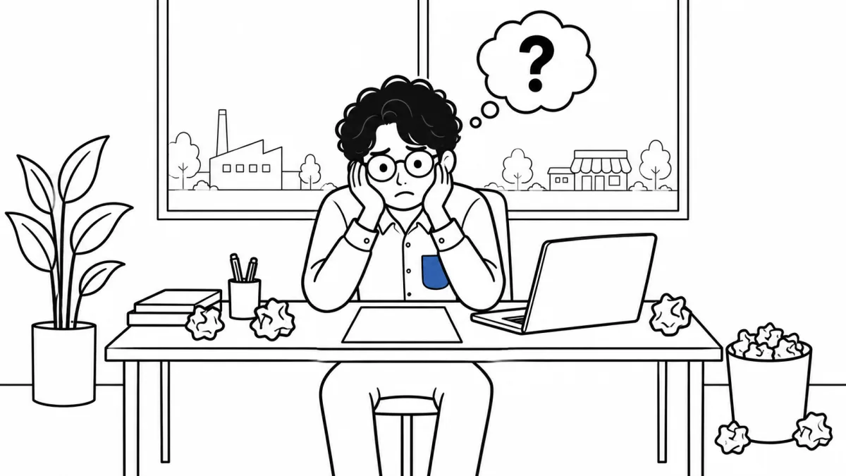 企画の小林が、白紙の紙と閉じたノートパソコンの前で頭を抱えている。窓の外の工場や店は遠く、頭の中は疑問符だけ