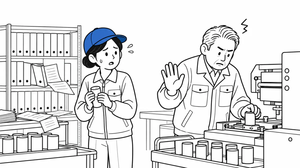 現場の森が、手順書の見つからない棚の前で困り、機械で作業中の先輩に声をかけるが、先輩はいらだった様子で手を上げて断っている