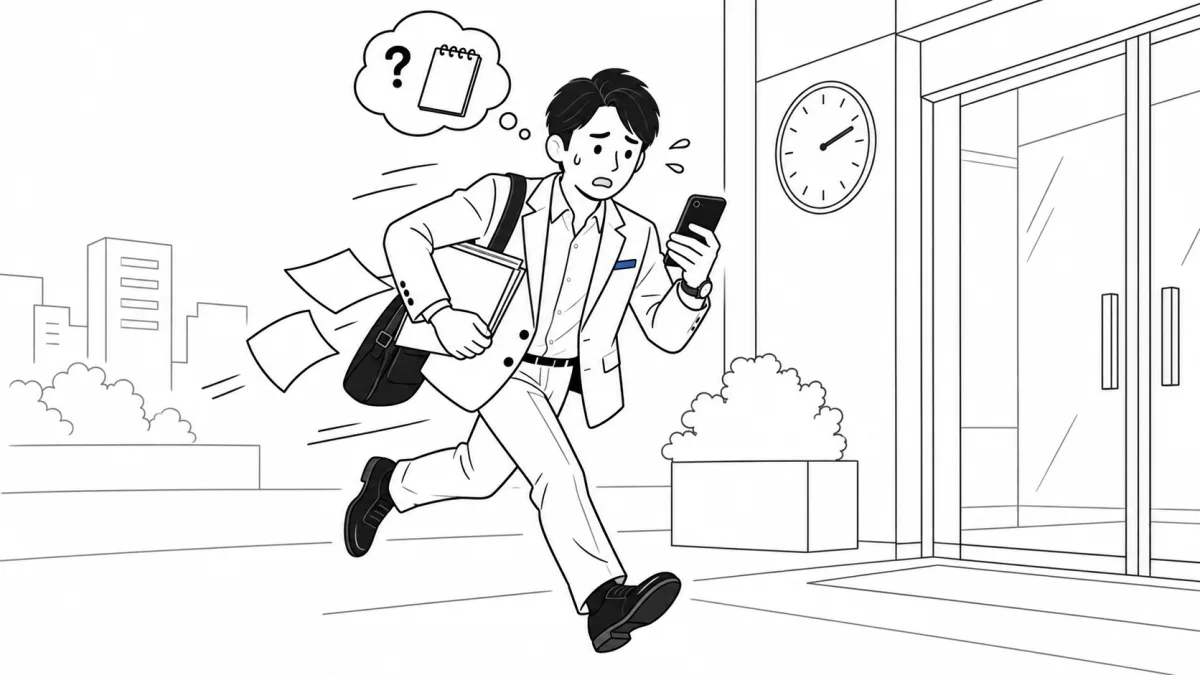 営業の佐藤が、下調べができないまま商談先へ走っている。スマホを見て慌て、書類がこぼれ、頭の中は白紙のメモと疑問符