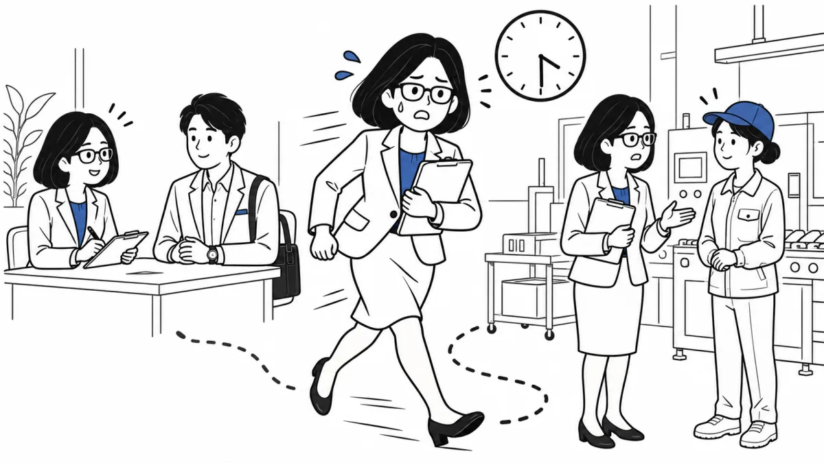 管理職の高橋が、クリップボードを抱えて急ぎ足で移動している。営業への聞き取りと現場の見回りを行き来し、時計は遅い時刻を指している