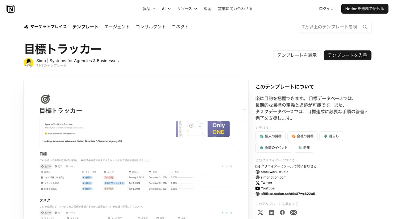 目標トラッカー(Simo)の掲載ページ(2026年10月3日時点)