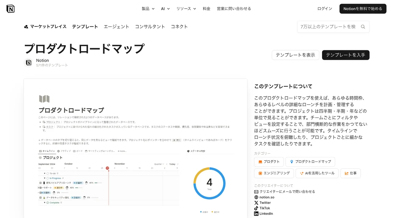 プロダクトロードマップテンプレートの掲載ページ（2026年10月3日時点）